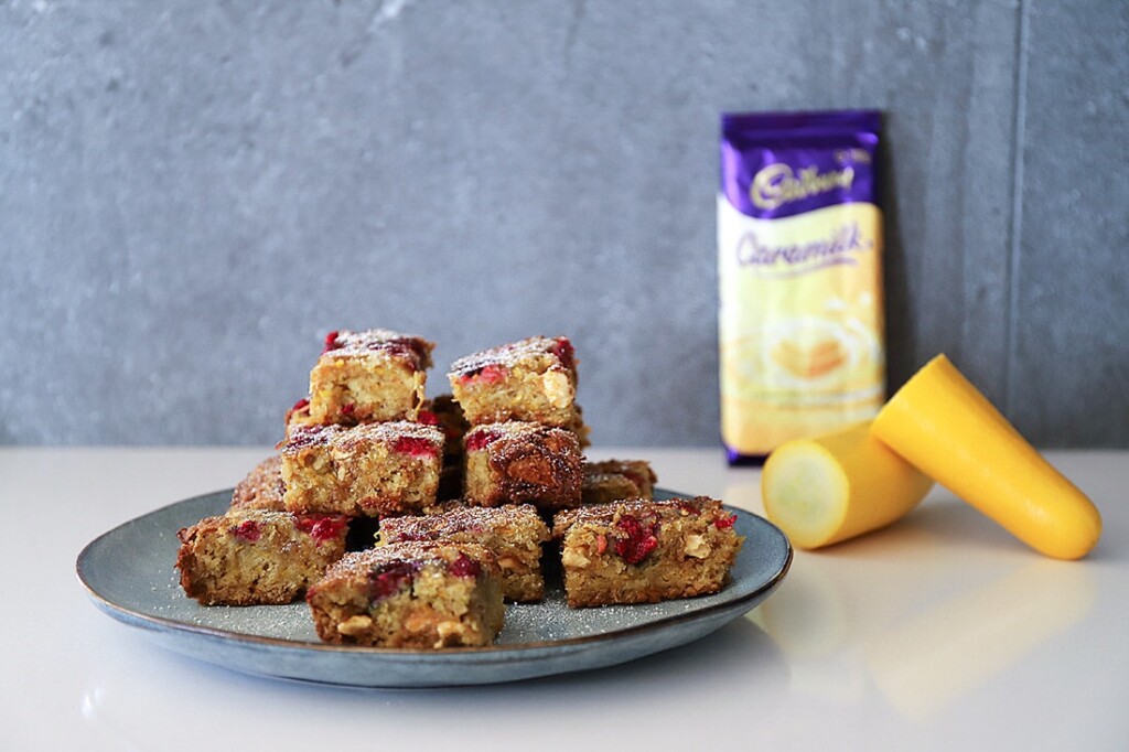 caramilk and raspberry zucchini brownies