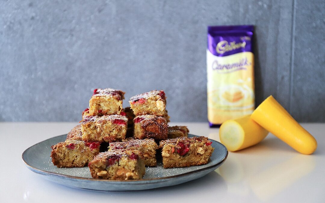 caramilk and raspberry zucchini brownies