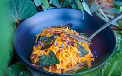 Creamy Roast Pumpkin Pasta with Crispy Pumpkin Leaves