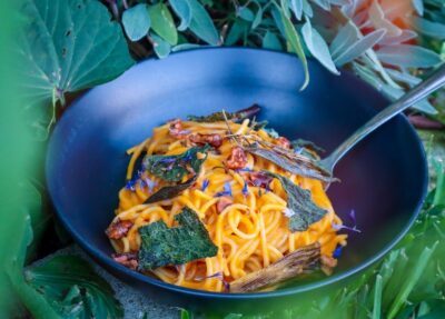 Creamy Roast Pumpkin Pasta with Crispy Pumpkin Leaves
