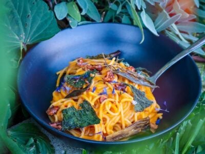 Creamy Roast Pumpkin Pasta with Crispy Pumpkin Leaves