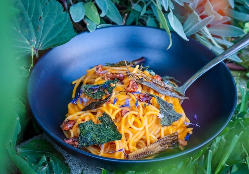 Creamy Roast Pumpkin Pasta with Crispy Pumpkin Leaves