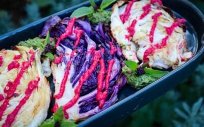 Cabbage Steaks with Roast Beet and Garlic Sauce