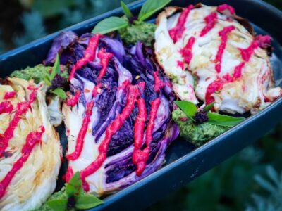Cabbage Steaks with Roast Beet and Garlic Sauce