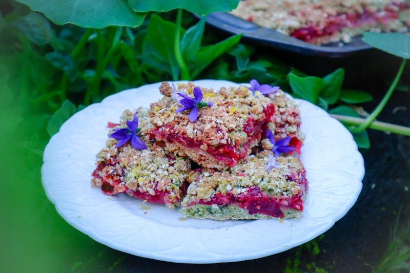 Rhubarb crumble slice