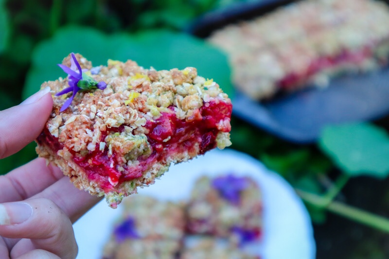 Rhubarb crumble slice