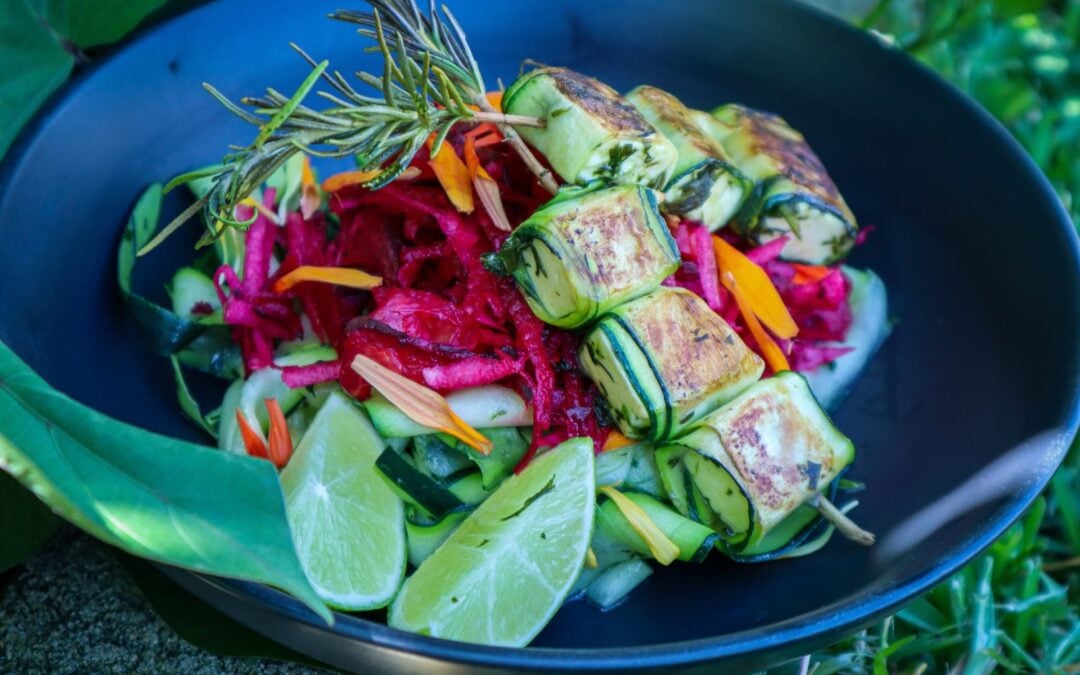Zucchini Wrapped Haloumi on Rosemary Skewers