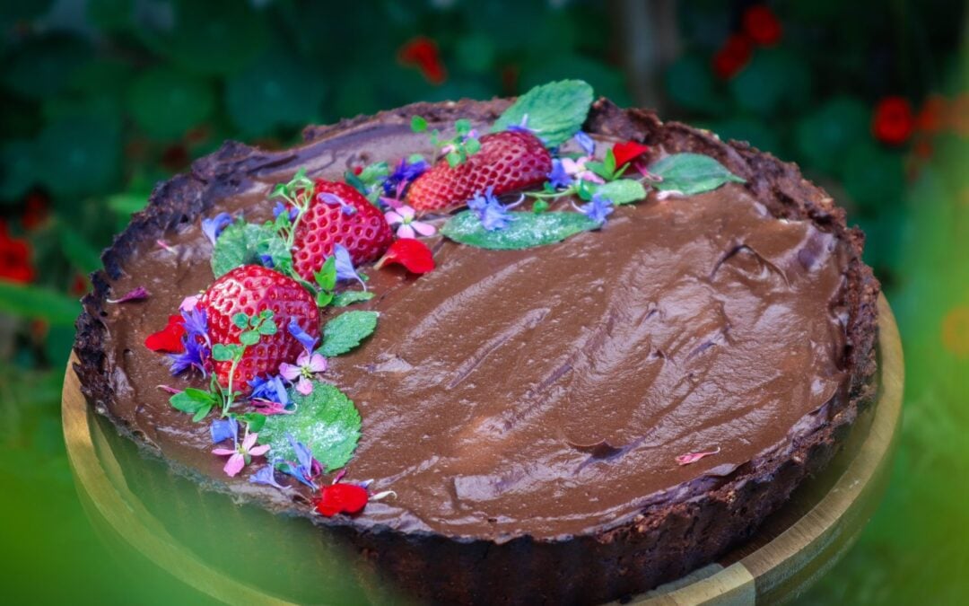 Avocado Chocolate Tart with Candied Mint Leaves