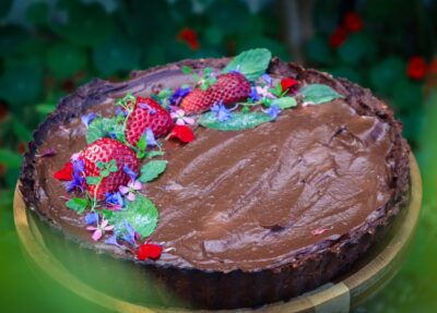 Avocado Chocolate Tart with Candied Mint Leaves